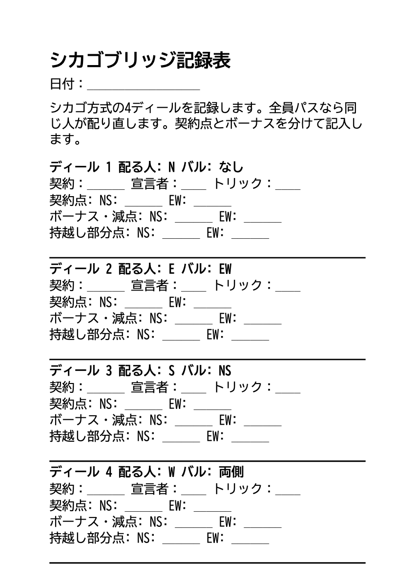 シカゴブリッジ得点表 無料印刷PDFの印刷プレビュー。1ページ目、22ポイント、A4