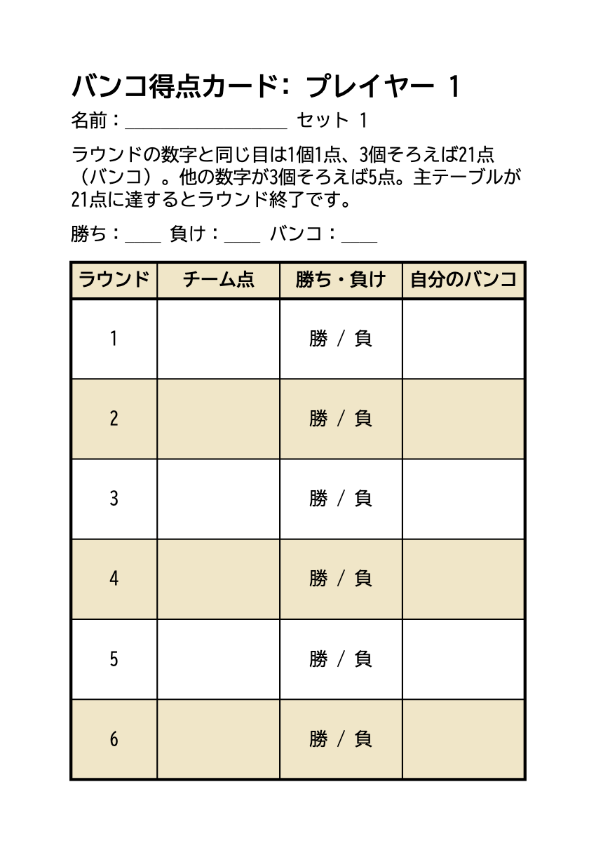 バンコ得点カード 無料印刷・6ラウンドの印刷プレビュー。1ページ目、22ポイント、A4