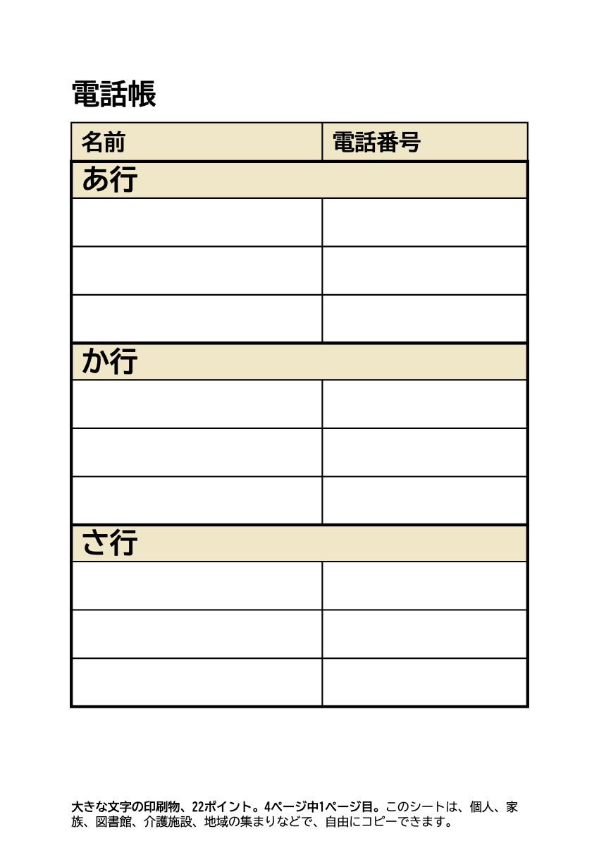大きい文字の電話帳 印刷用(あ行からわ行の見出し付き)の印刷プレビュー。1ページ目、22ポイント、A4