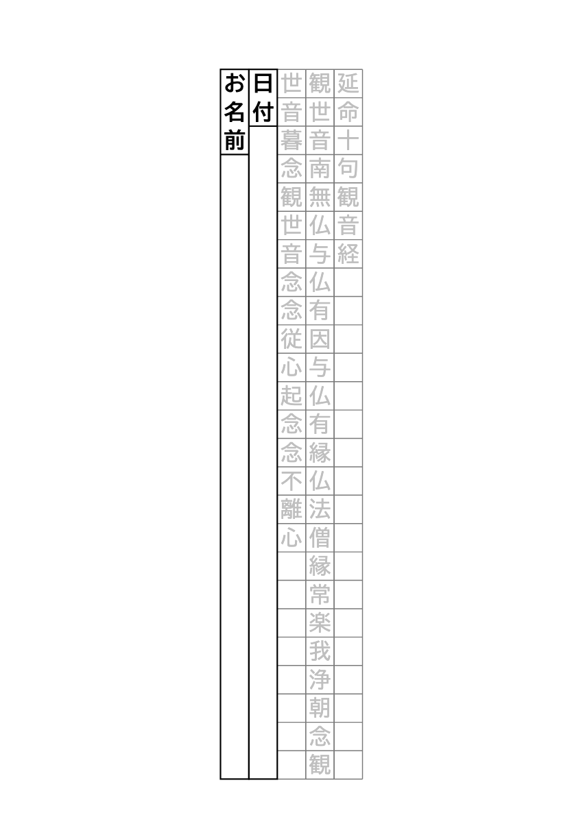 延命十句観音経 写経用紙 無料PDF・なぞり書きの印刷プレビュー。1ページ目、22ポイント、A4