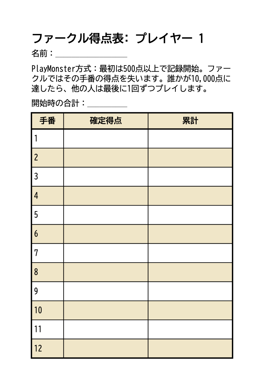 ファークル得点表 無料印刷・大きい文字の印刷プレビュー。1ページ目、22ポイント、A4
