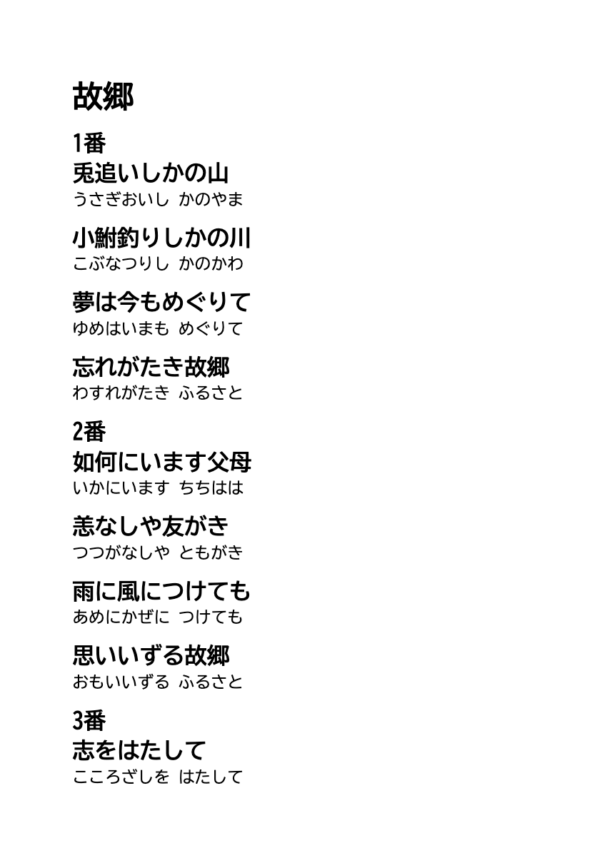 故郷 歌詞全文・ふりがな付き 無料印刷PDFの印刷プレビュー。1ページ目、22ポイント、A4