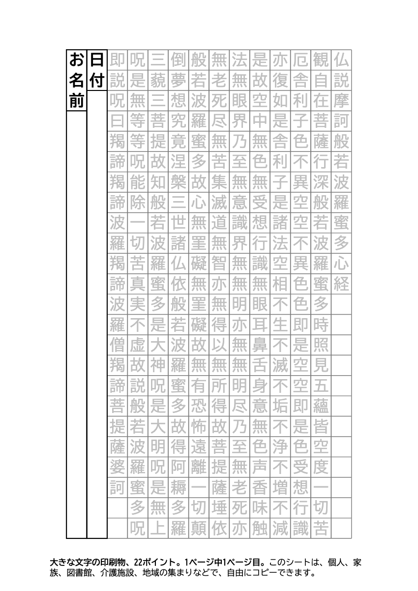 般若心経 写経用紙 大きい文字(なぞり書き・縦書き・A4)の印刷プレビュー。1ページ目、22ポイント、A4