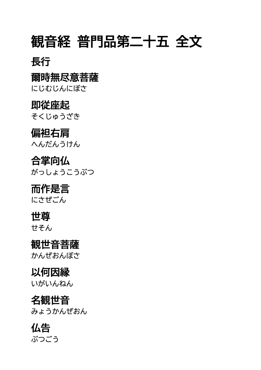 観音経 全文（普門品第二十五）ふりがな付き 印刷PDFの印刷プレビュー。1ページ目、22ポイント、A4