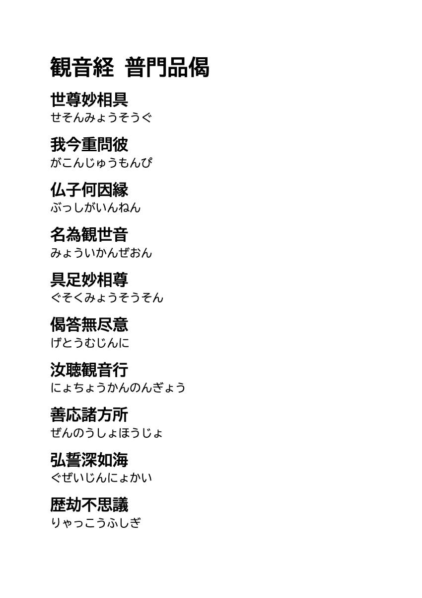 観音経 普門品偈（世尊偈）全文・ふりがな 印刷PDFの印刷プレビュー。1ページ目、22ポイント、A4