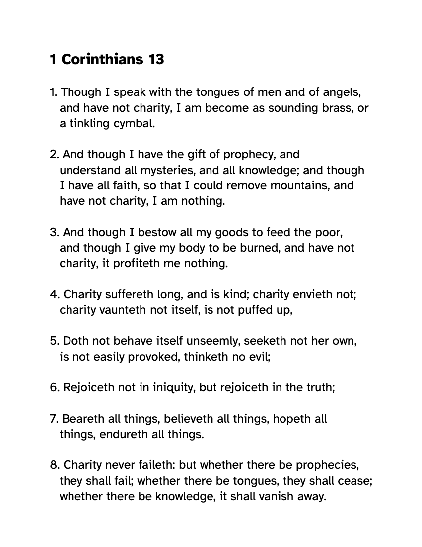 Preview of the Large Print 1 Corinthians 13 KJV: Free PDF printable, page 1, 18 point type on US Letter paper