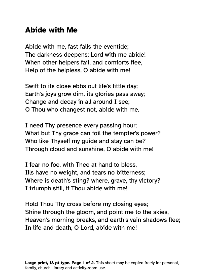 Preview of the Abide with Me Lyrics in Large Print: Free Printable PDF printable, page 1, 18 point type on US Letter paper