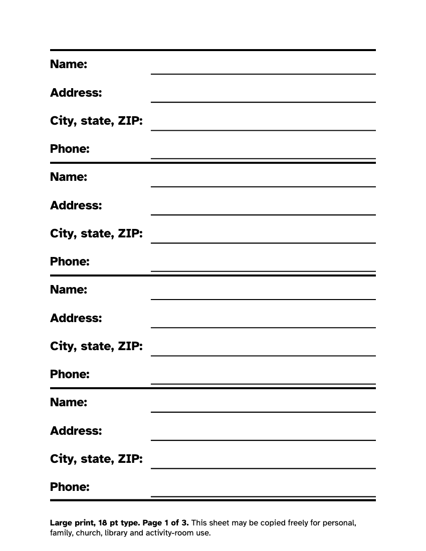 Preview of the Large Print Address Book: Free Printable PDF printable, page 1, 18 point type on US Letter paper
