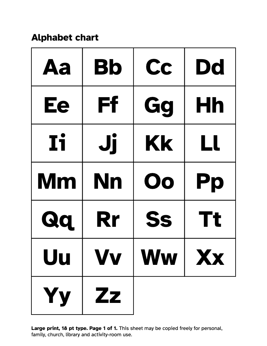 Preview of the Large Print Alphabet Chart: Free Printable A to Z printable, page 1, 18 point type on US Letter paper