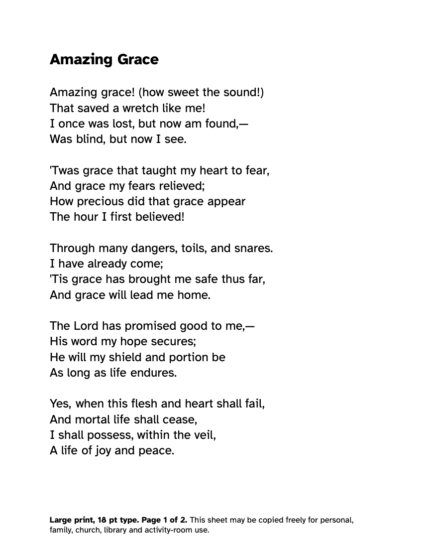 Preview of the Amazing Grace Lyrics in Large Print: Free Printable PDF printable, page 1, 18 point type on US Letter paper