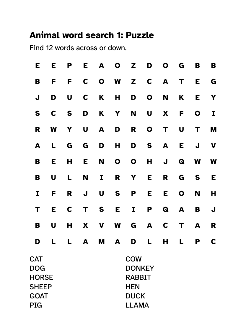 Preview of the Large Print Animal Word Search: PDF with Answers printable, page 1, 18 point type on US Letter paper