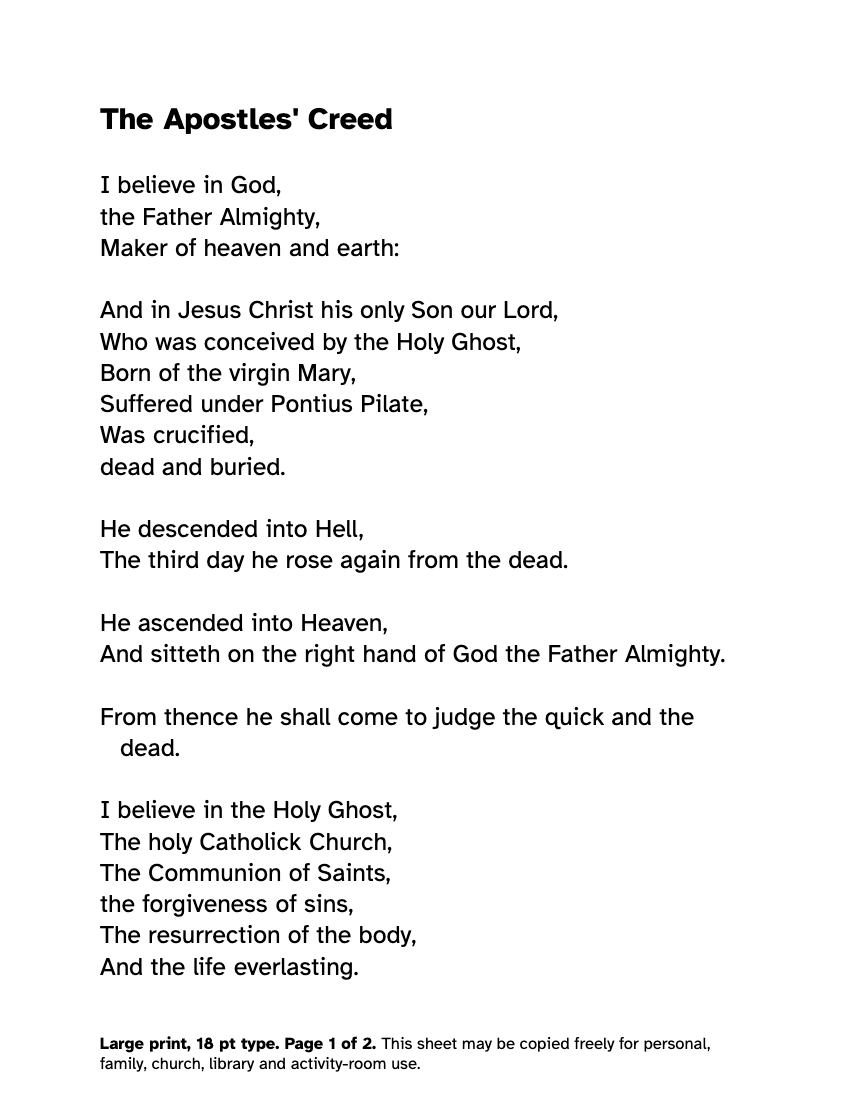 Preview of the Large Print Apostles' Creed: Free Printable PDF printable, page 1, 18 point type on US Letter paper