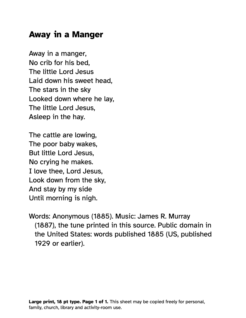 Preview of the Away in a Manger Lyrics in Large Print: Free Printable PDF printable, page 1, 18 point type on US Letter paper