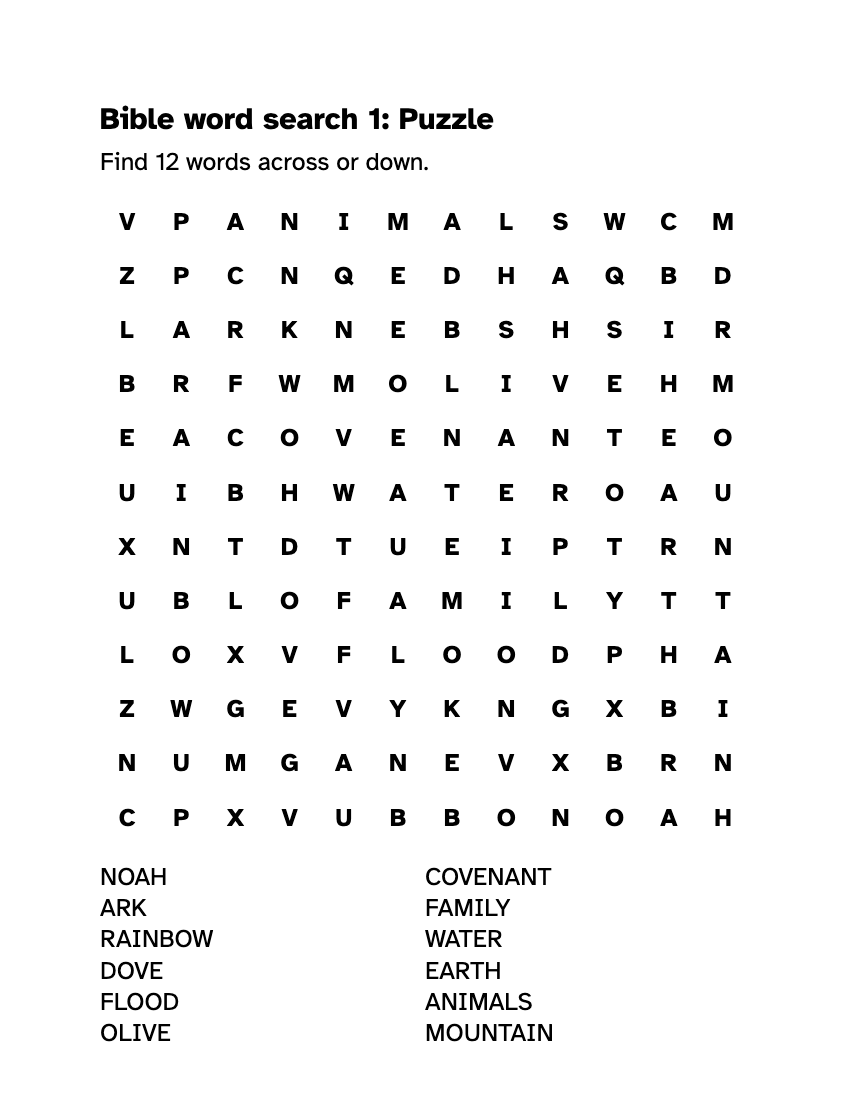 Preview of the Large Print Bible Word Search: Free PDF with Answers printable, page 1, 18 point type on US Letter paper