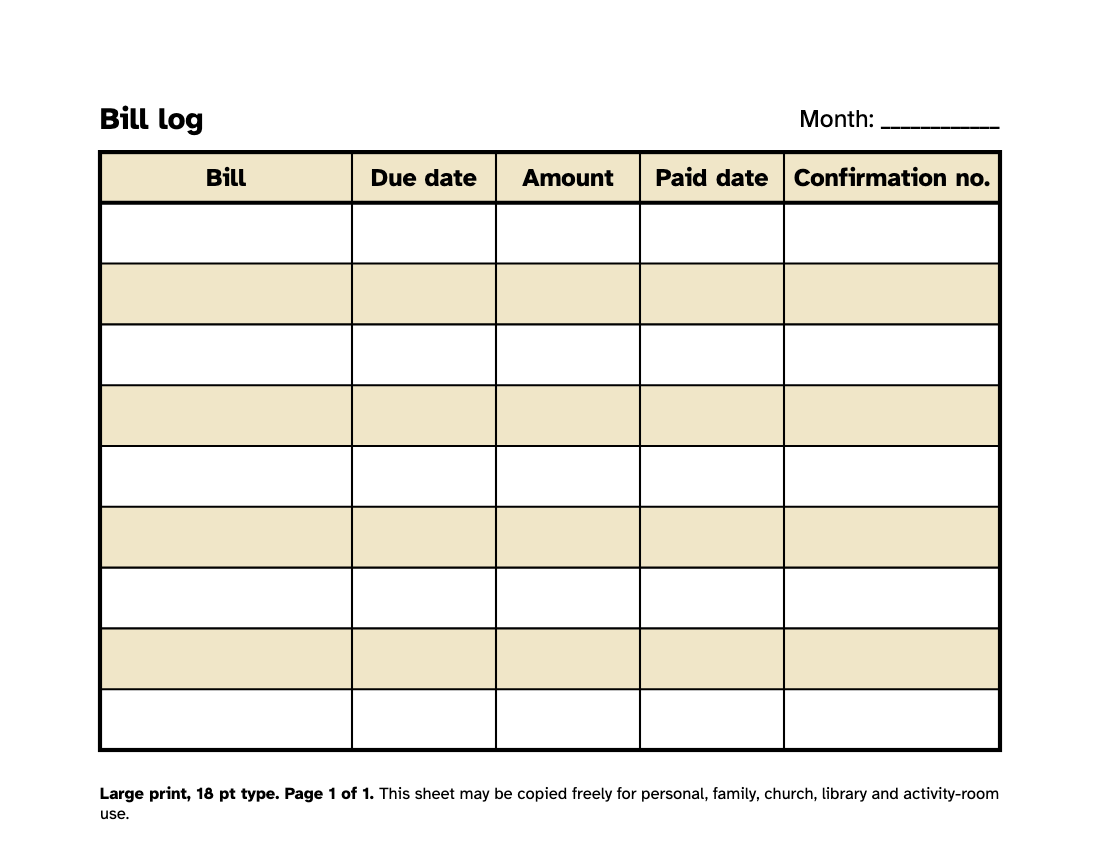 Preview of the Large Print Bill Log: Free Printable Bill Tracker printable, page 1, 18 point type on US Letter paper