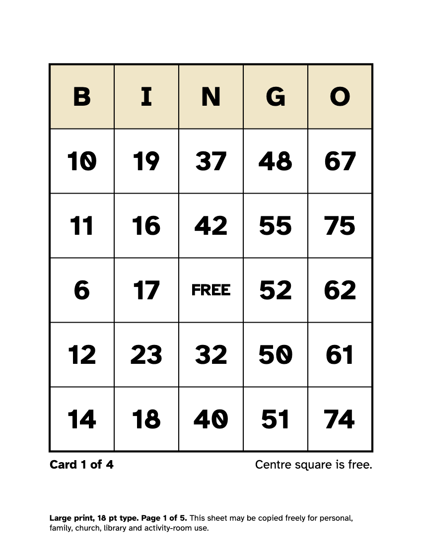 Preview of the Large Print Bingo Cards: Free Printable PDF, 75-Ball printable, page 1, 18 point type on US Letter paper