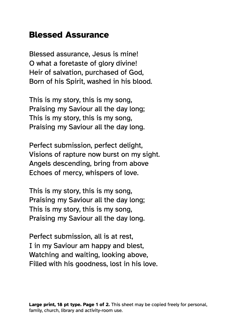 Preview of the Blessed Assurance Lyrics in Large Print: Free Printable PDF printable, page 1, 18 point type on US Letter paper