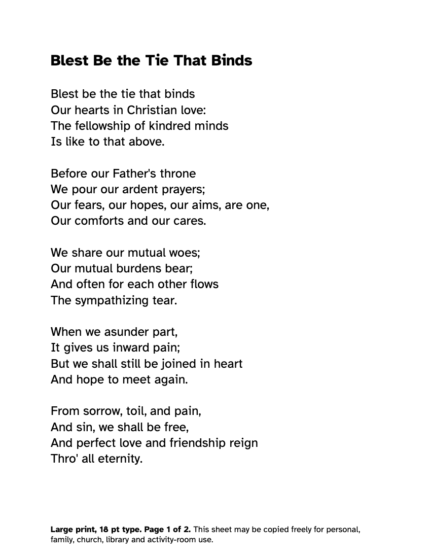 Preview of the Blest Be the Tie That Binds in Large Print: Free PDF printable, page 1, 18 point type on US Letter paper
