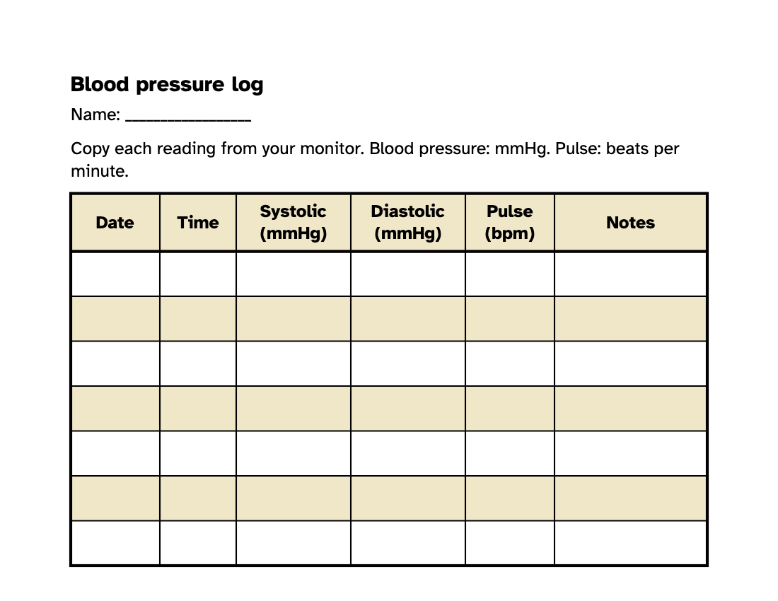 Preview of the Large Print Blood Pressure Log: Free Printable PDF printable, page 1, 18 point type on US Letter paper