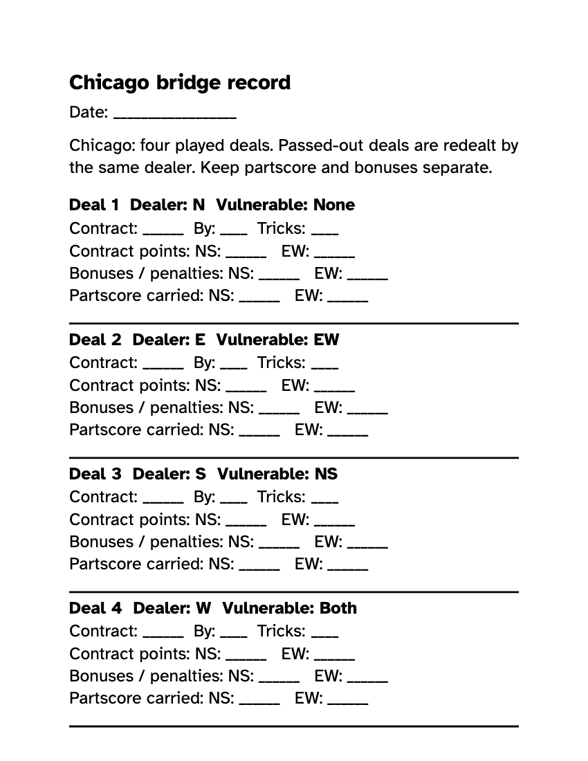 Preview of the Large Print Chicago Bridge Score Sheet: Free PDF printable, page 1, 18 point type on US Letter paper