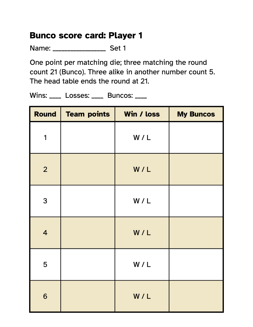 Preview of the Large Print Bunco Score Sheet: Free Printable Cards printable, page 1, 18 point type on US Letter paper