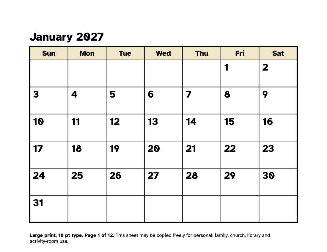 Preview of the Large Print Calendar 2027: Free Printable Monthly PDF printable, page 1, 18 point type on US Letter paper
