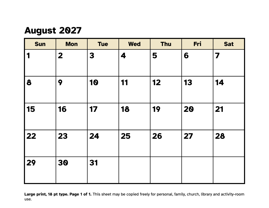 Preview of the Large Print August 2027 Calendar: Free Printable PDF printable, page 1, 18 point type on US Letter paper