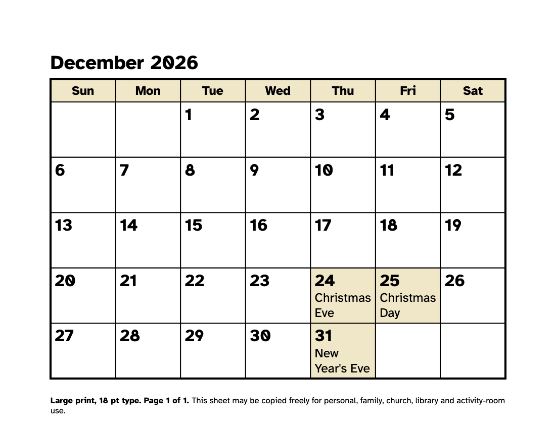 Preview of the Large Print December 2026 Calendar: Free Printable PDF printable, page 1, 18 point type on US Letter paper