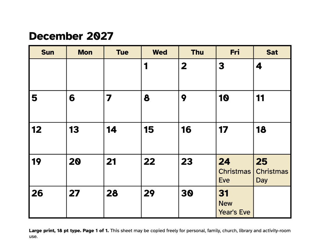 Preview of the Large Print December 2027 Calendar: Free Printable PDF printable, page 1, 18 point type on US Letter paper