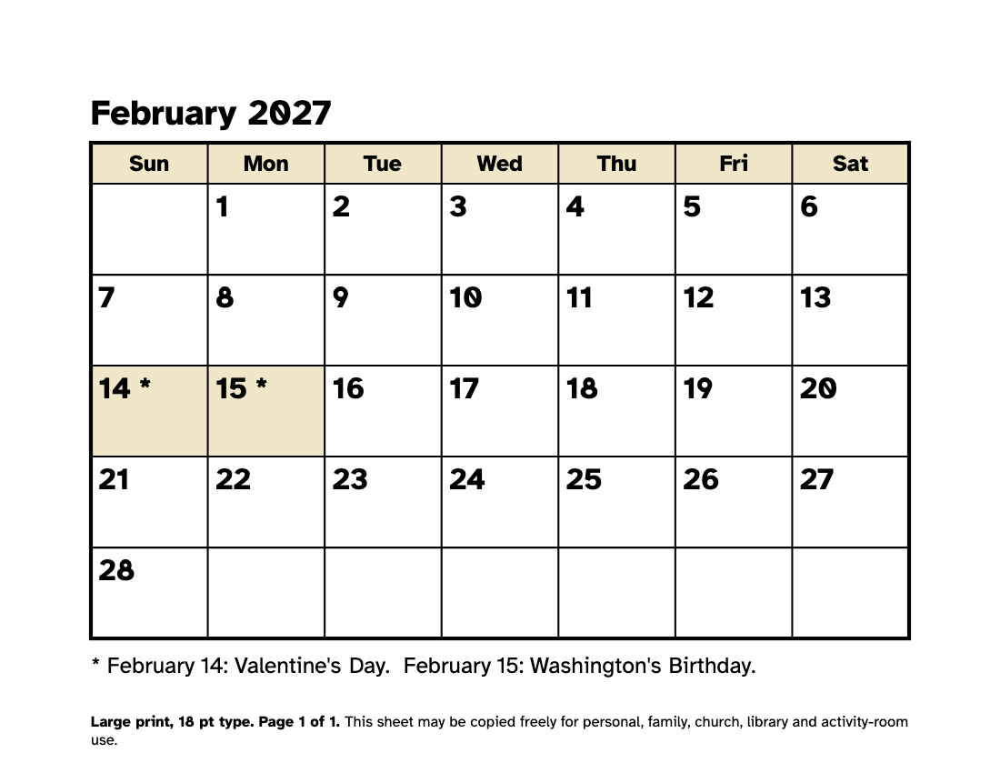 Preview of the Large Print February 2027 Calendar: Free Printable PDF printable, page 1, 18 point type on US Letter paper