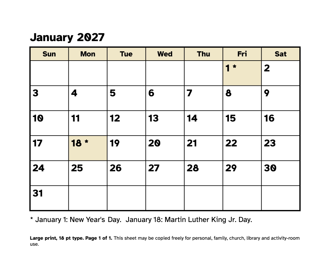 Preview of the Large Print January 2027 Calendar: Free Printable PDF printable, page 1, 18 point type on US Letter paper