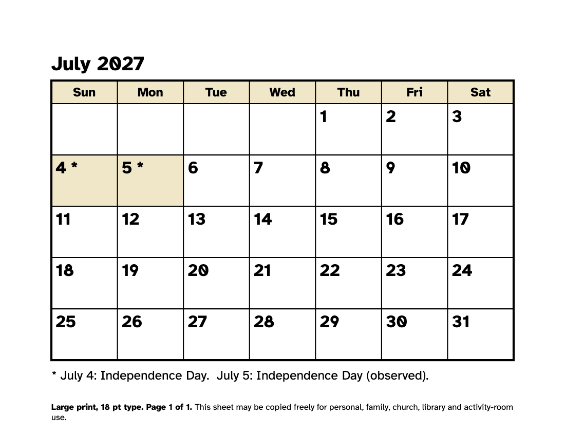 Preview of the Large Print July 2027 Calendar: Free Printable PDF printable, page 1, 18 point type on US Letter paper