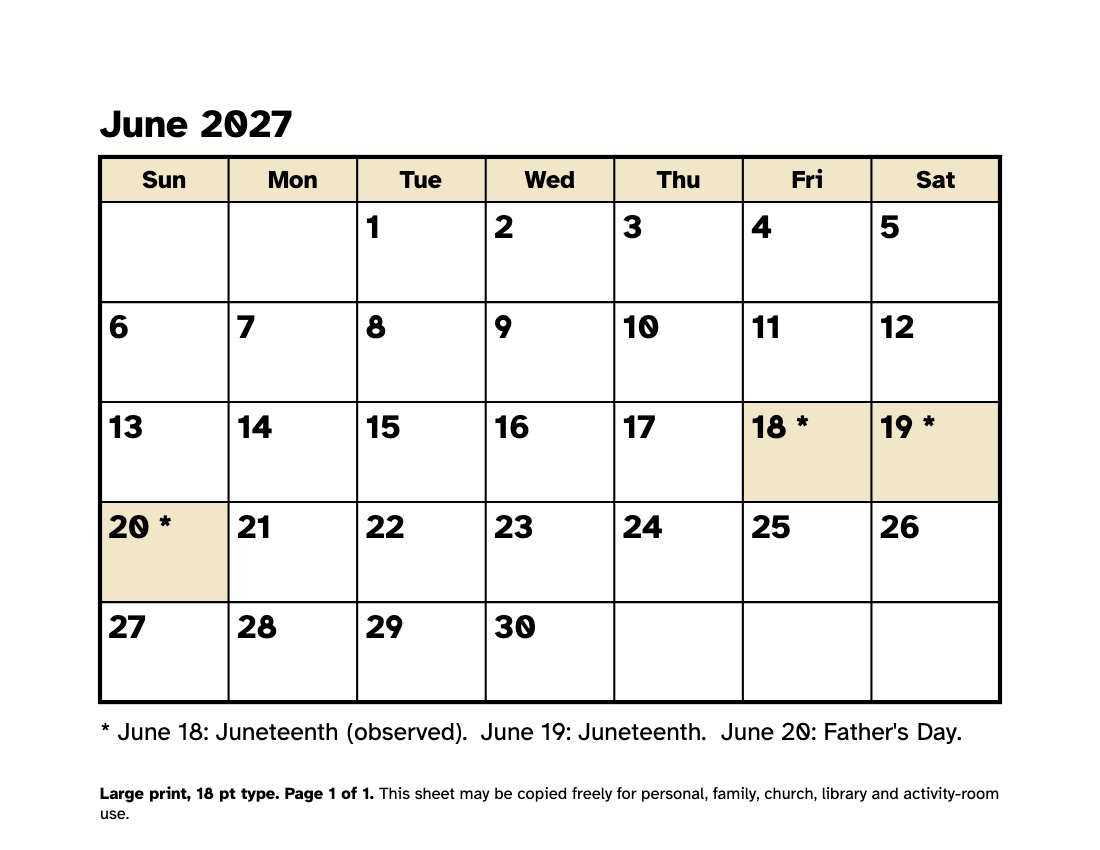 Preview of the Large Print June 2027 Calendar: Free Printable PDF printable, page 1, 18 point type on US Letter paper