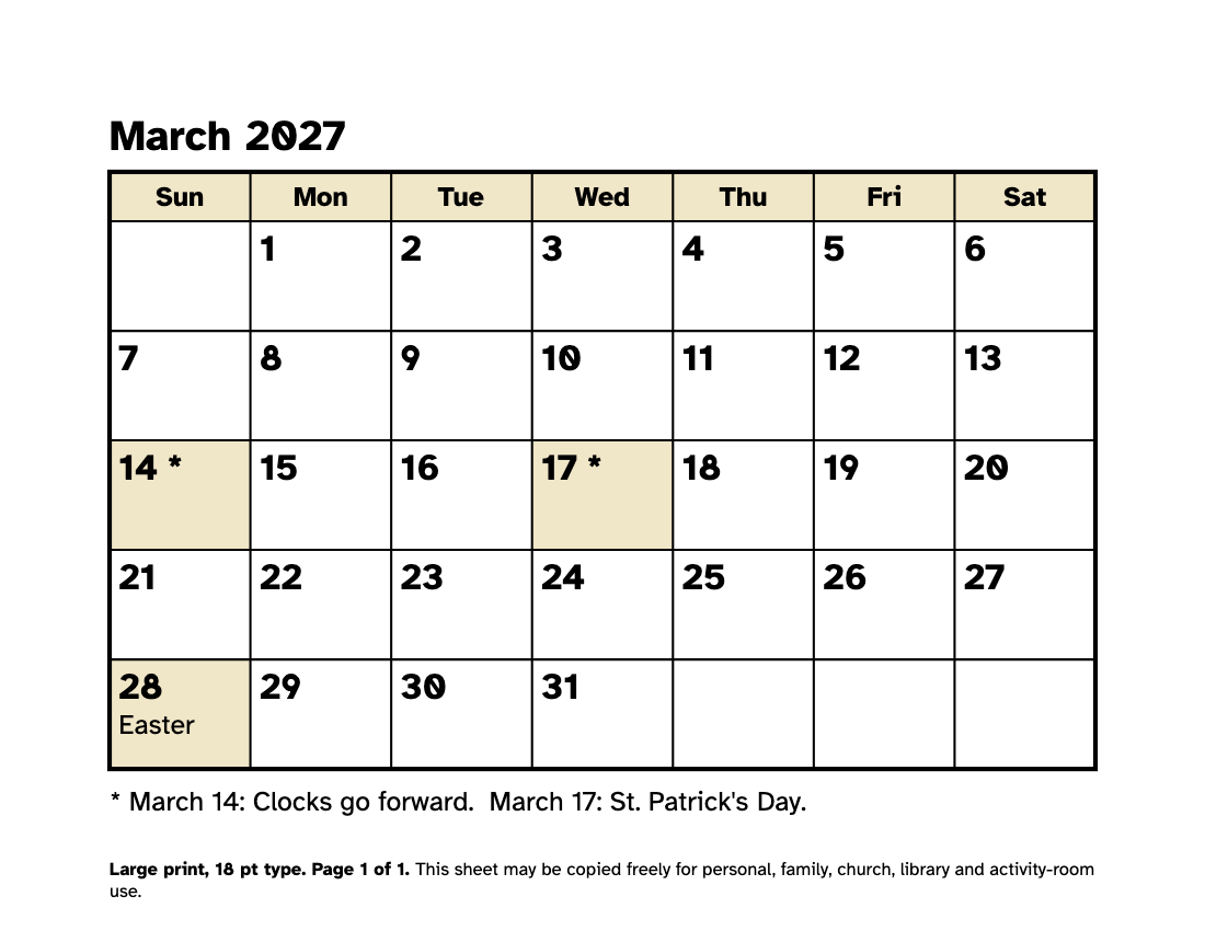 Preview of the Large Print March 2027 Calendar: Free Printable PDF printable, page 1, 18 point type on US Letter paper