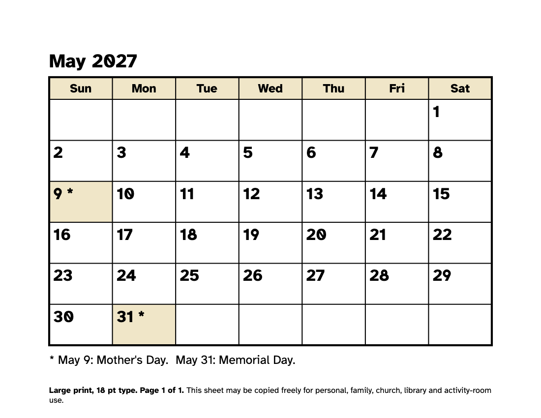 Preview of the Large Print May 2027 Calendar: Free Printable PDF printable, page 1, 18 point type on US Letter paper