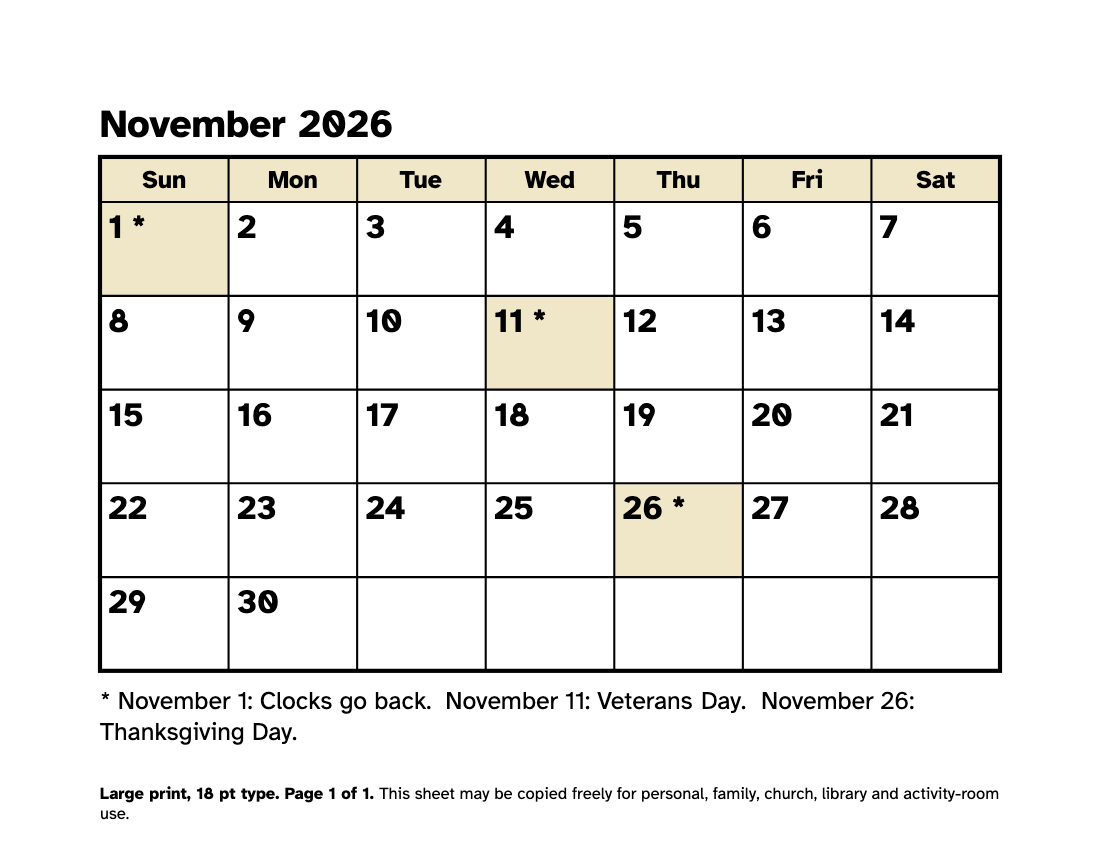 Preview of the Large Print November 2026 Calendar: Free Printable PDF printable, page 1, 18 point type on US Letter paper