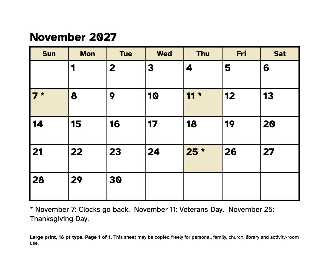 Preview of the Large Print November 2027 Calendar: Free Printable PDF printable, page 1, 18 point type on US Letter paper
