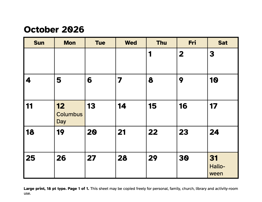 Preview of the Large Print October 2026 Calendar: Free Printable PDF printable, page 1, 18 point type on US Letter paper