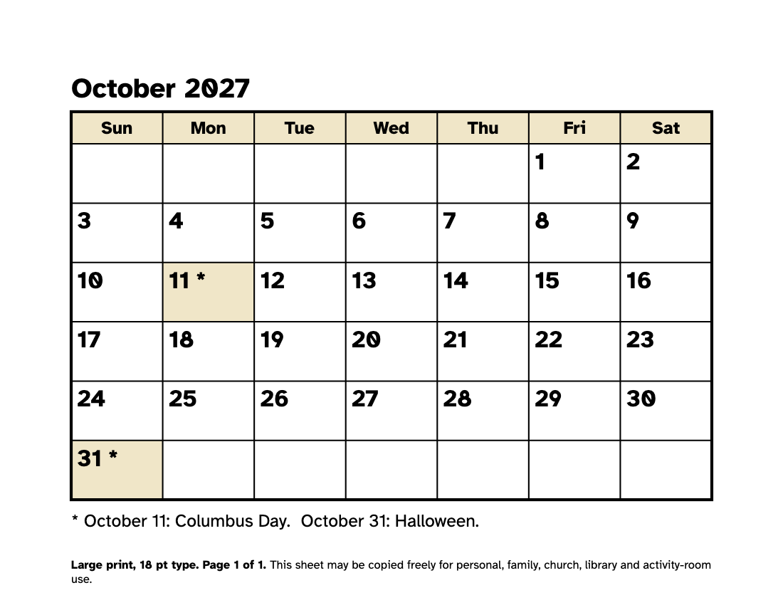 Preview of the Large Print October 2027 Calendar: Free Printable PDF printable, page 1, 18 point type on US Letter paper