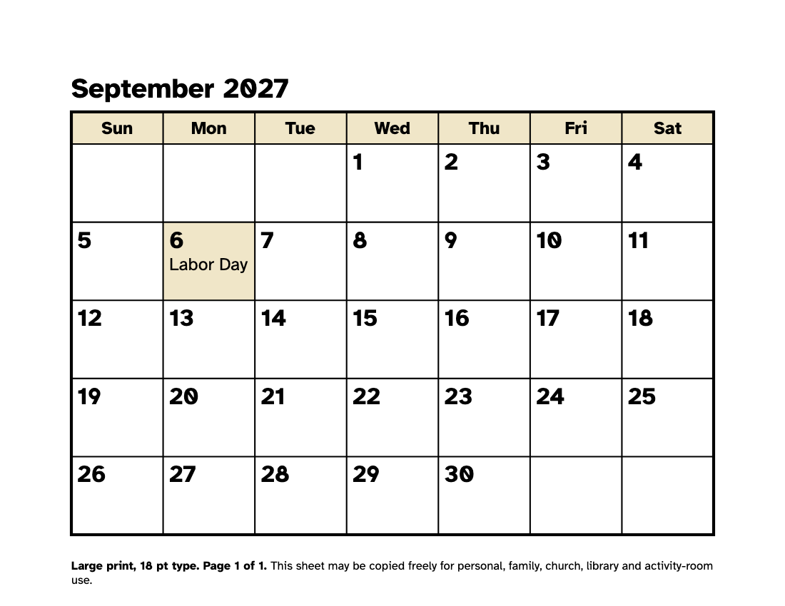 Preview of the Large Print September 2027 Calendar: Free Printable PDF printable, page 1, 18 point type on US Letter paper