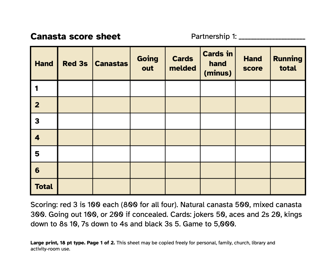Preview of the Large Print Canasta Score Sheet: Free Printable PDF printable, page 1, 18 point type on US Letter paper