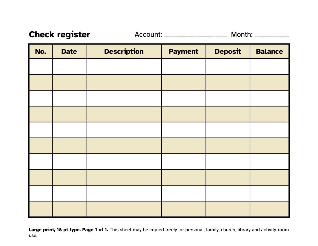 Preview of the Large Print Check Register: Free Printable PDF printable, page 1, 18 point type on US Letter paper