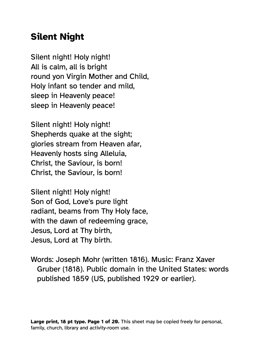 Preview of the Large Print Christmas Carols: Free Printable Lyrics PDF printable, page 1, 18 point type on US Letter paper