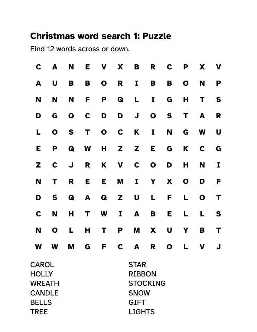 Preview of the Large Print Christmas Word Search: Printable PDF printable, page 1, 18 point type on US Letter paper