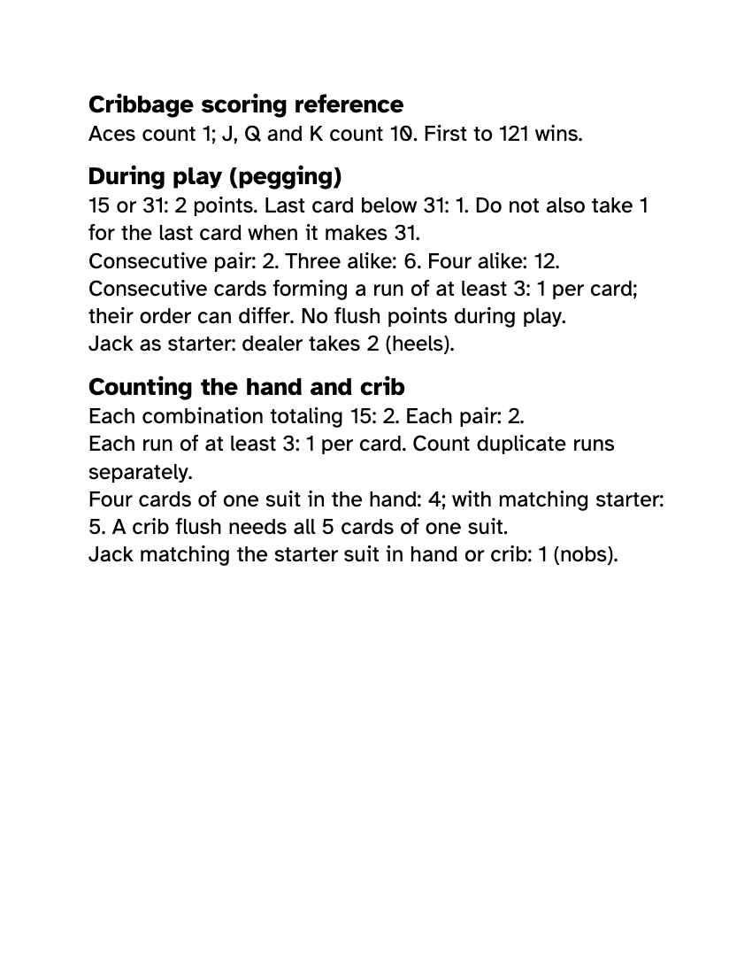 Preview of the Large Print Cribbage Scoring Chart: Printable PDF printable, page 1, 18 point type on US Letter paper