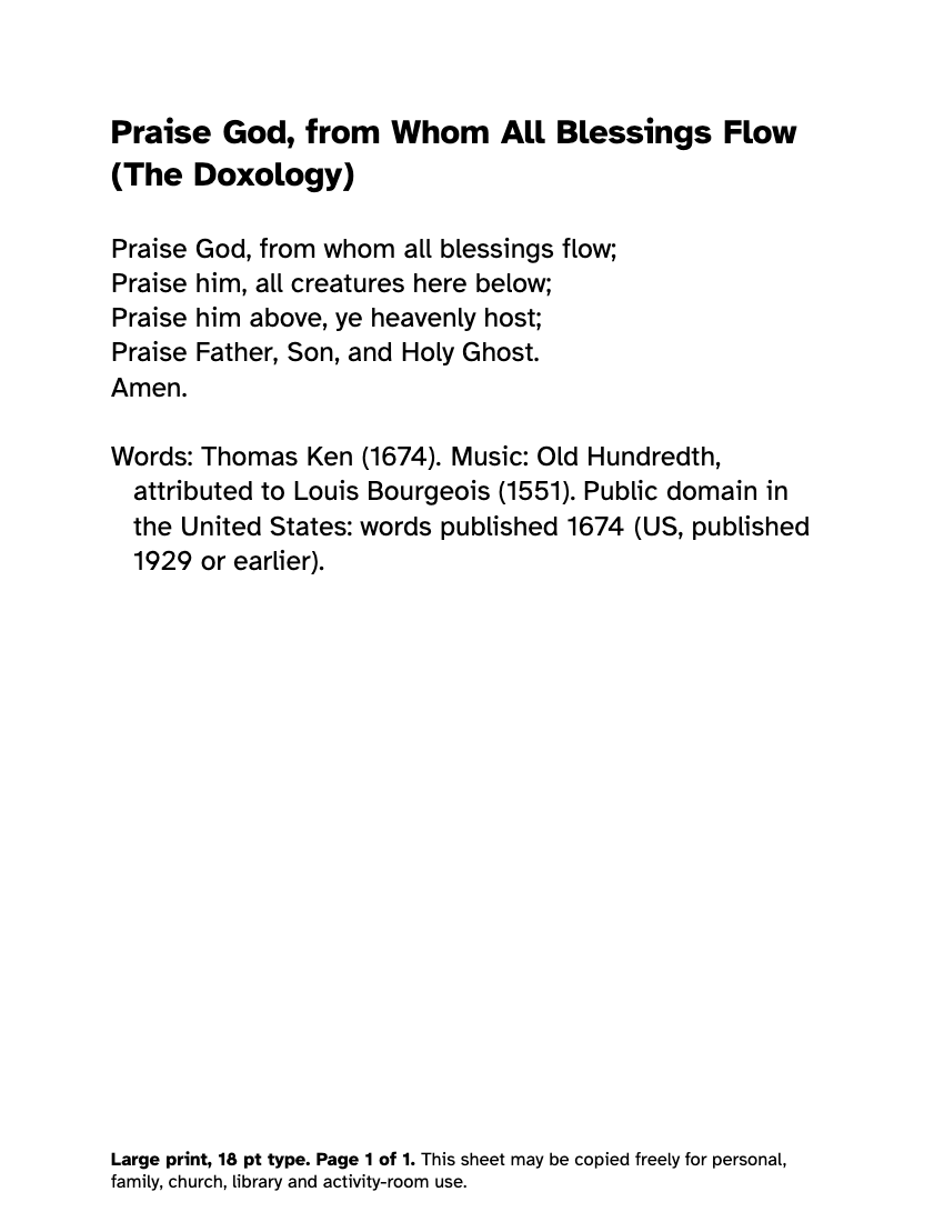 Preview of the Large Print Doxology: Free Printable PDF printable, page 1, 18 point type on US Letter paper