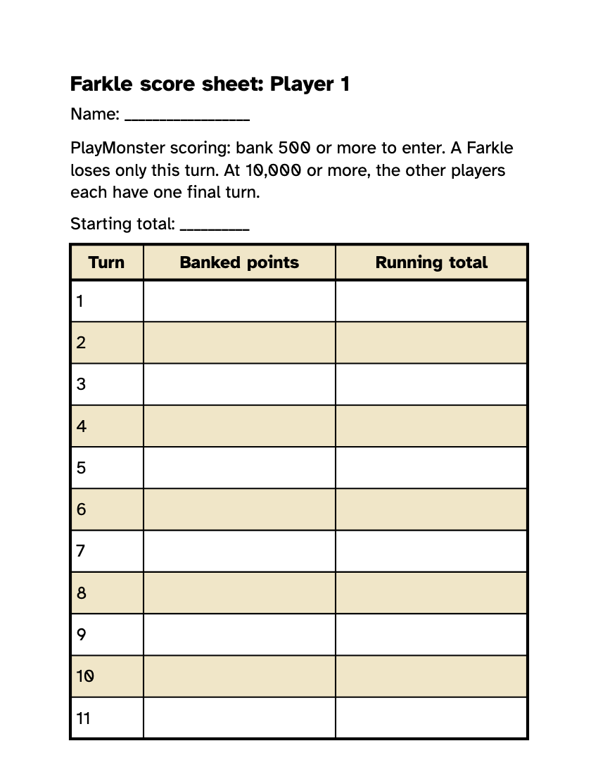Preview of the Large Print Farkle Score Sheet: Free Printable PDF printable, page 1, 18 point type on US Letter paper