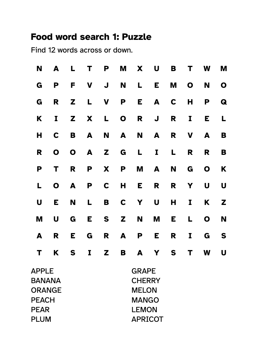 Preview of the Large Print Food Word Search: Printable PDF printable, page 1, 18 point type on US Letter paper