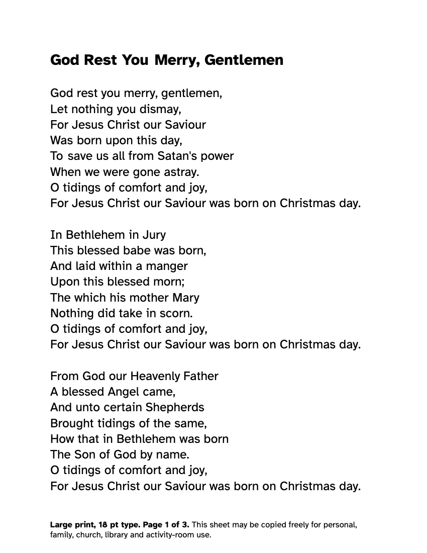 Preview of the God Rest You Merry, Gentlemen Large Print Lyrics: Free PDF printable, page 1, 18 point type on US Letter paper