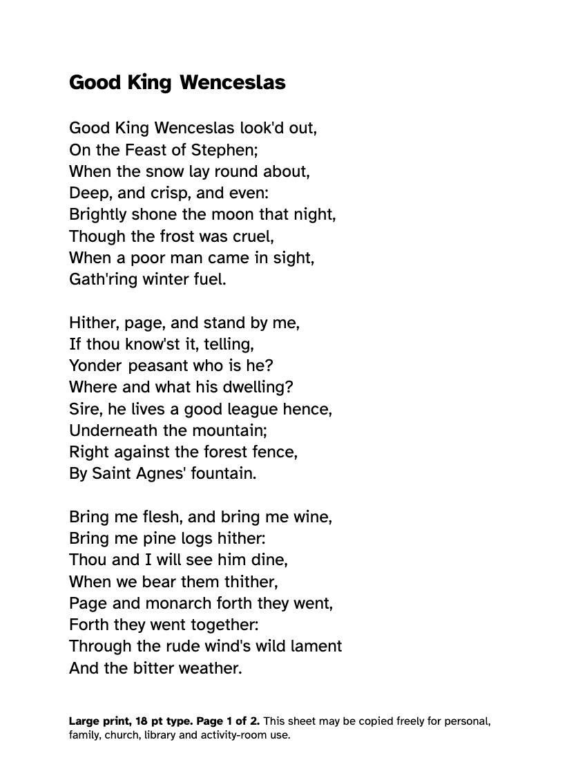 Preview of the Good King Wenceslas Lyrics in Large Print: Free PDF printable, page 1, 18 point type on US Letter paper